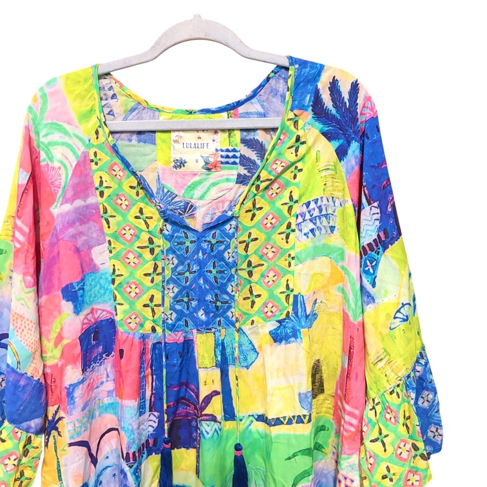 Lula Life Women Multi Color Tropical Print Viscose Tassel Shift Dress cover Sz M